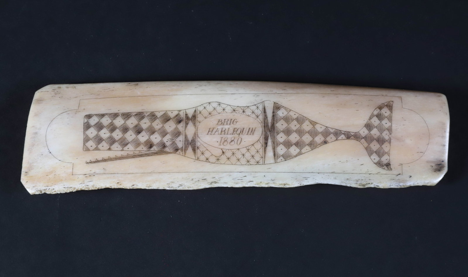Antique Bone Fragment Engraved with Whale ,"Brig Harlequin, 1880": Antique Bone Fragment Engraved with Whale, "Brig Harlequin, 1880" 2 in. x 7.5 in.