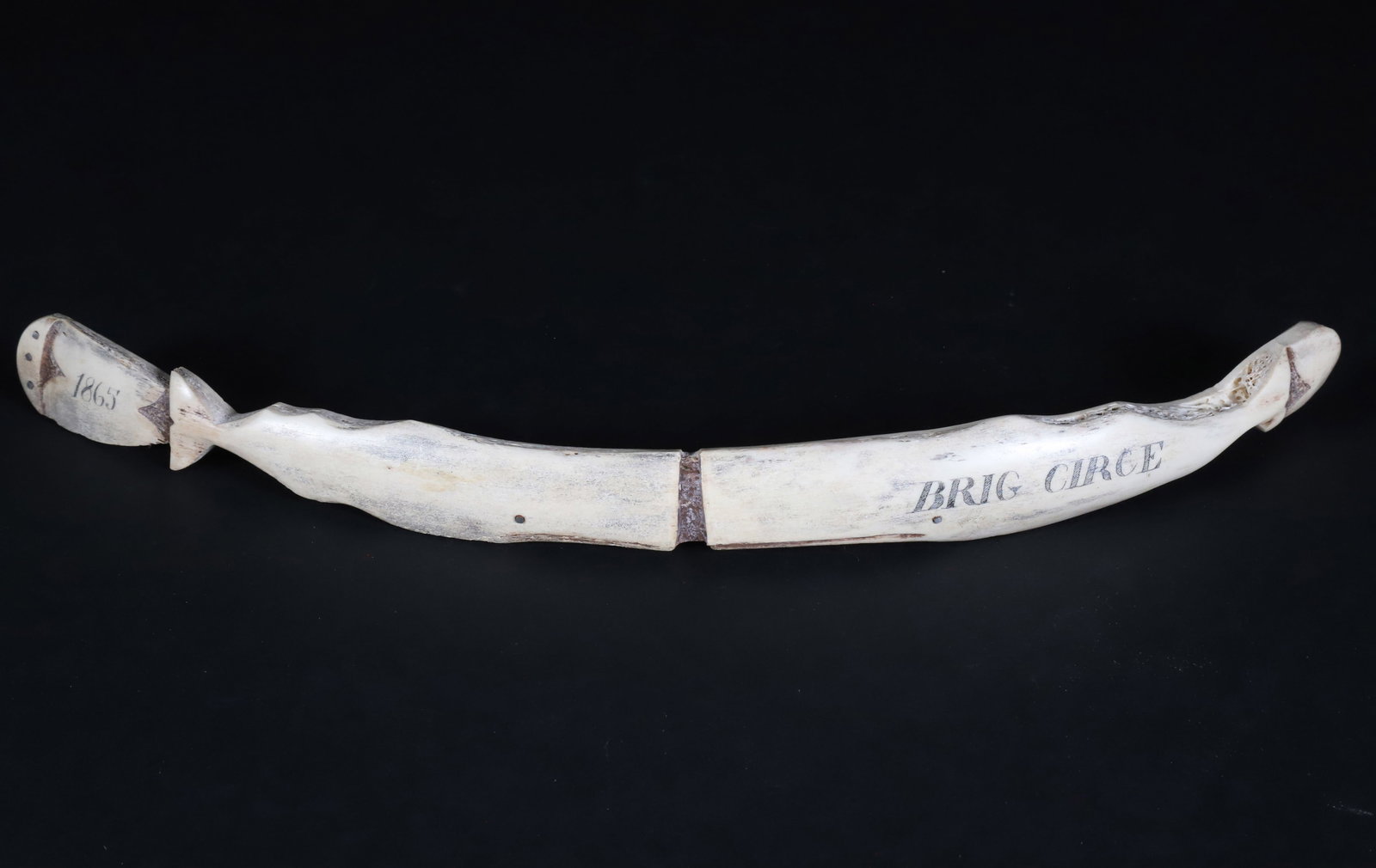 American Scrimshawed Cow Bone Rib, Depicting Facing Sperm Whales "Brig Circe 1865": American Scrimshawed Cow Bone Rib, Depicting Facing Sperm Whales "Brig Circe 1865", with silvered pegged eyes Length 11.5 in.