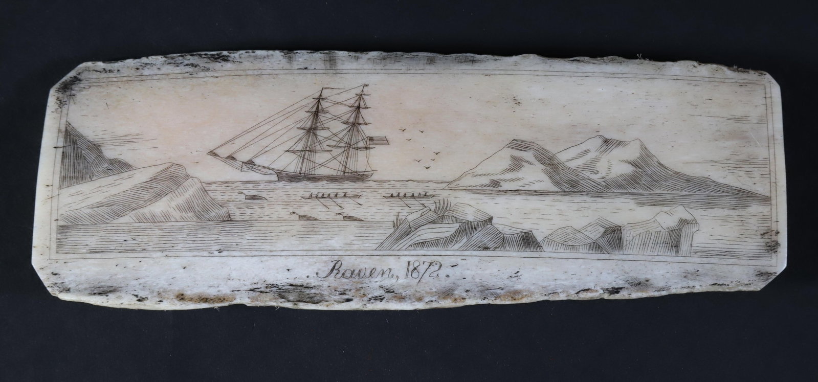 American Scrimshaw on Bone Fragment of the Whaling Barque "Raven, 1872": American Scrimshaw of the Whaling Barque "Raven, 1872", engraved on bone fragment 2.5 in. x 7 in.