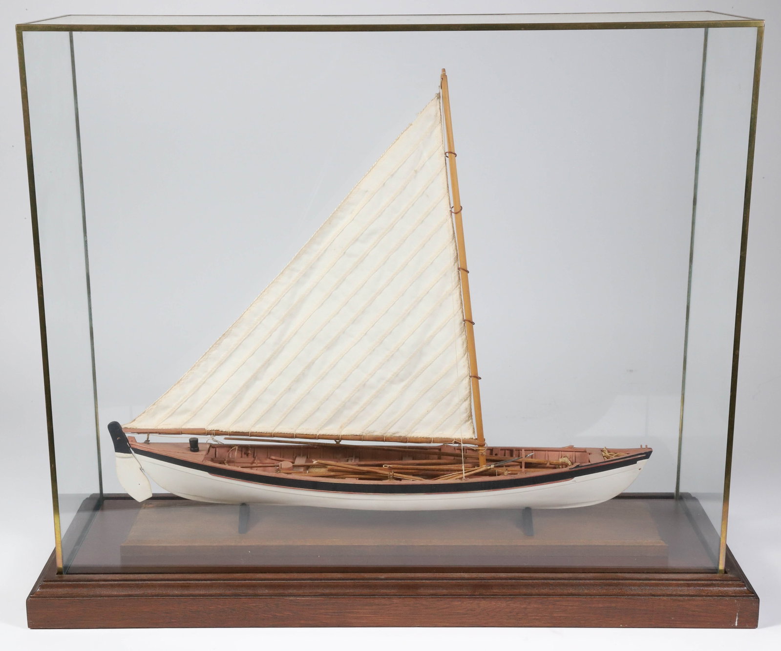 Vintage Cased Carved Wood Model of a Whaling Longboat: Vintage Cased Carved Wood Model of a Whaling Longboat Height 19 in. Width 23 in. Depth 8 in.