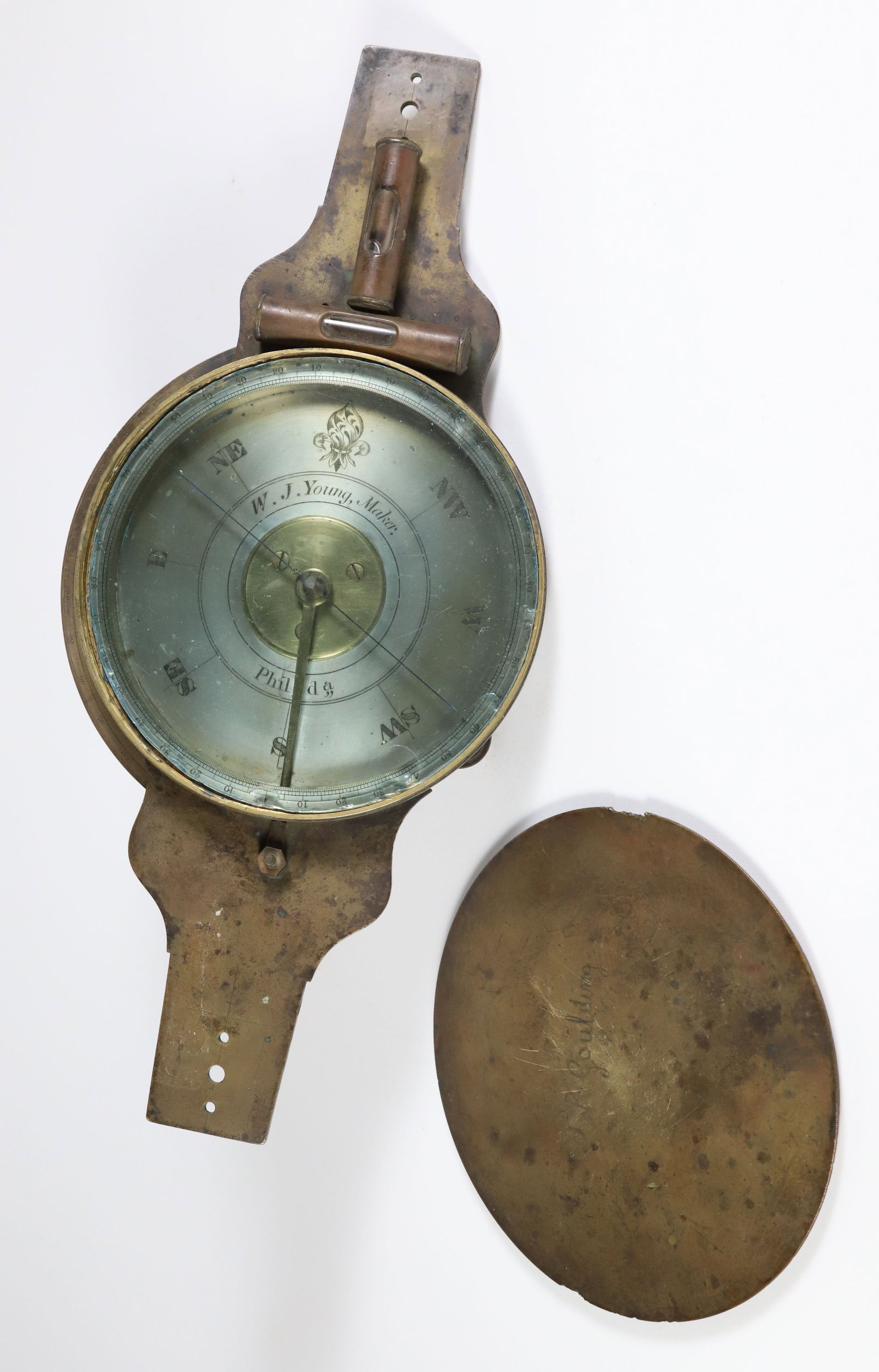 W. J. Young Philadelphia Brass Surveyor's Compass, 19th Century: W.J. Young Maker, Philadelphia Brass Surveyor's Compass, 19th Century, engraved on cap J.R. Goulding, 1860 Dial 5.75 in.