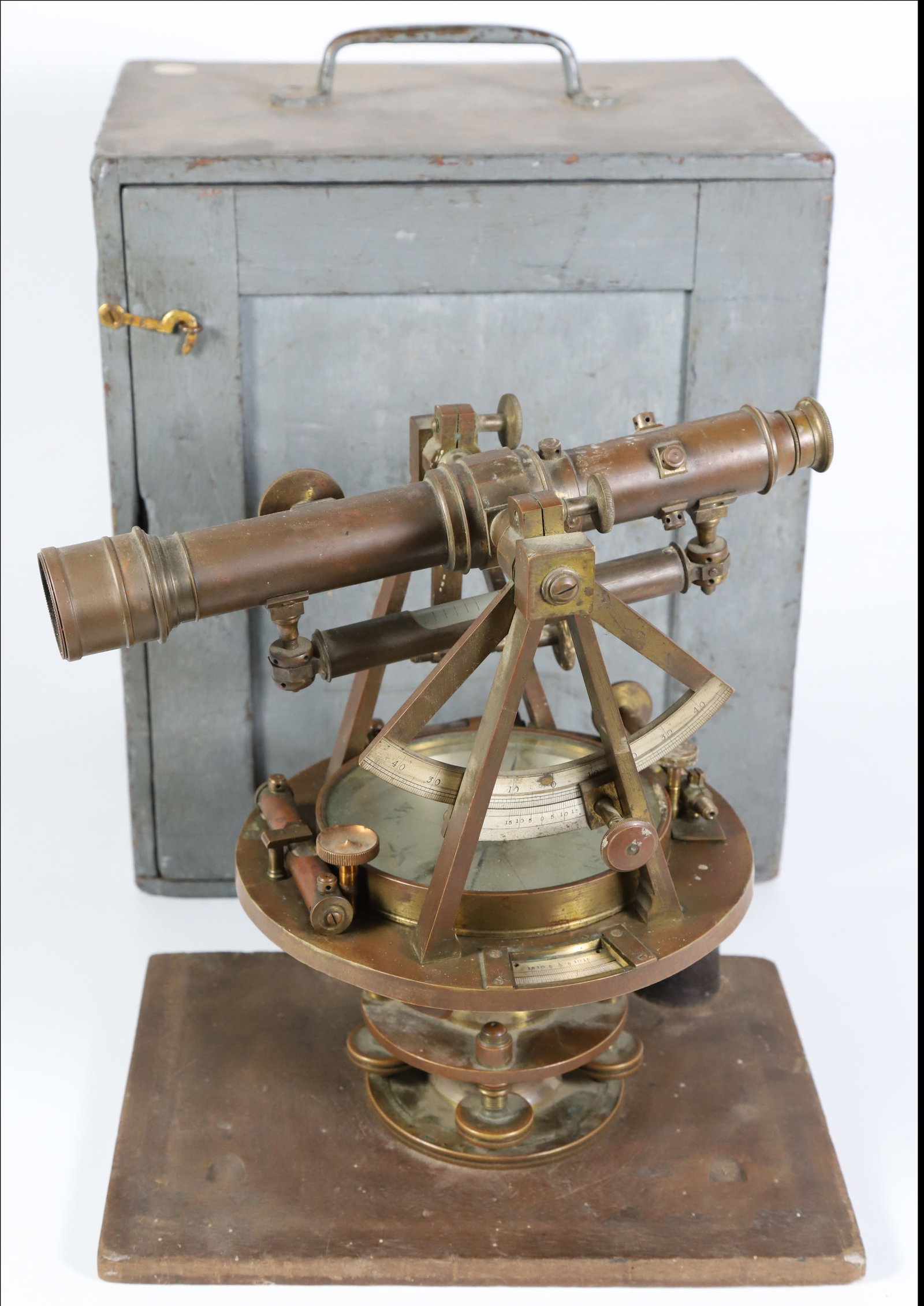 H.W. Loring Boston Brass Starrett Transit, 19th Century: H.W. Loring Brass Starrett Transit, 19th Century, in original milk painted carrying case, with retailer's label on the interior: C.L. Berger & Sons Successors to Buff & Berger Surveying, Engin