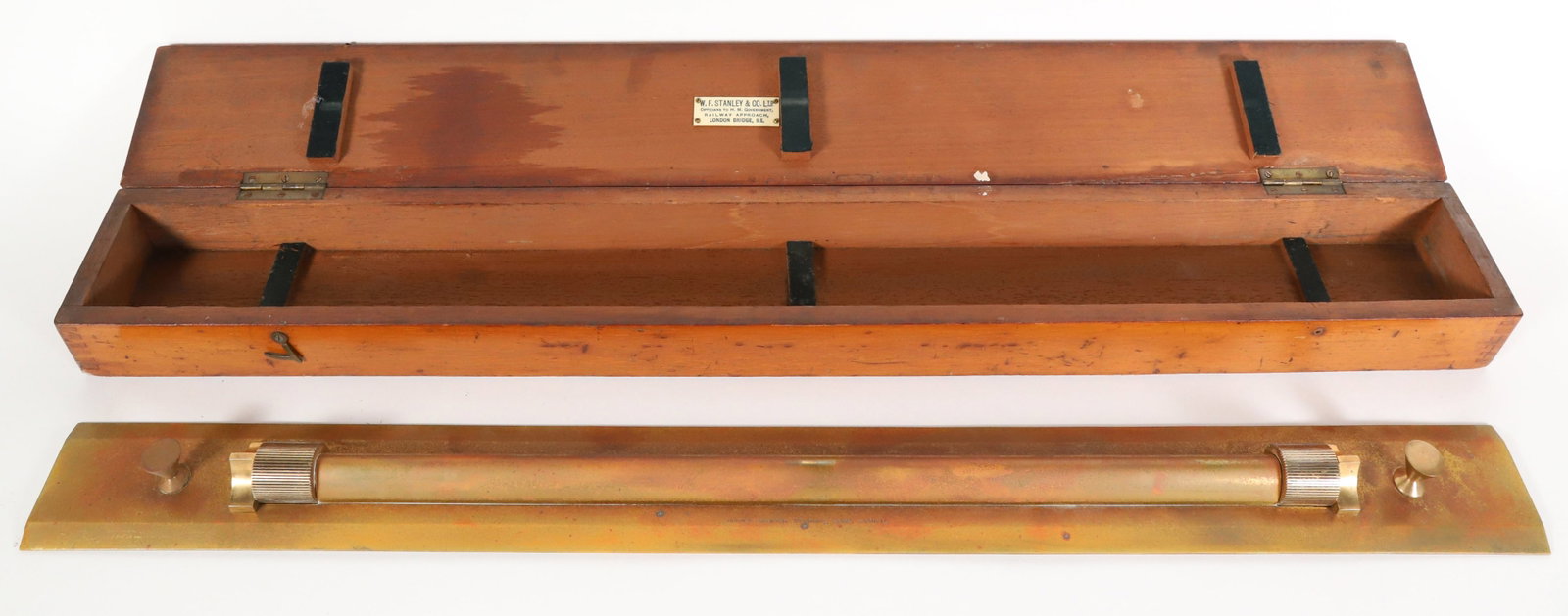 W. F. Stanley & Co. Boxed Brass Parallel Rolling Rule, S. & S. Ltd., London: W. F. Stanley & Co. Boxed Brass Parallel Rolling Rule, S. & S. Ltd., London Height 2 in. Length 31.5 in. Width 4 in.
