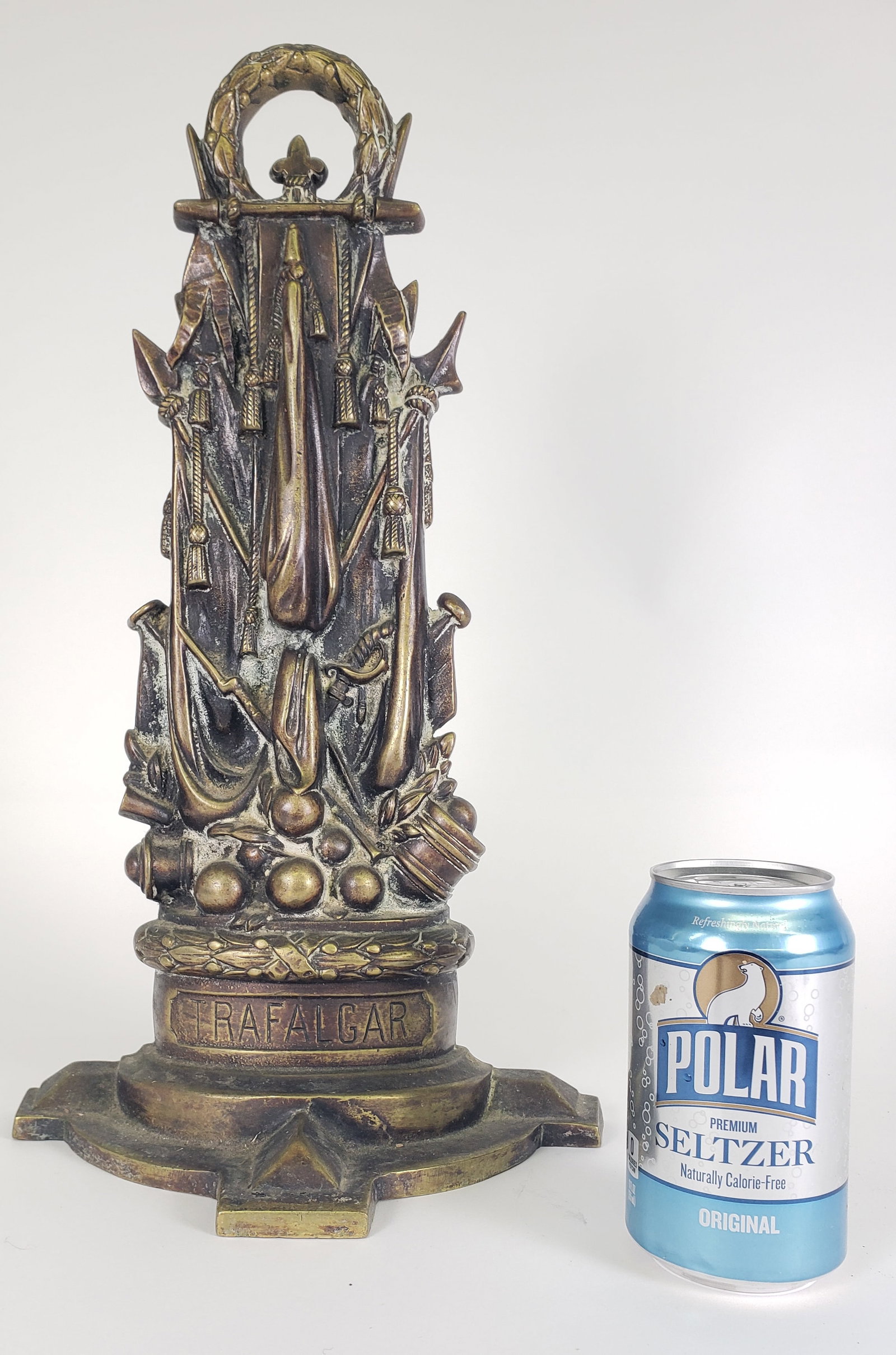 Antique Naval Brass “Battle of Trafalgar” Commemorative Doorstop, circa 1920s: "Antique Naval Brass “Battle of Trafalgar” Commemorative Doorstop, circa 1920s Height 16.75 in. Width 9.5 in. Depth 4.75 in."