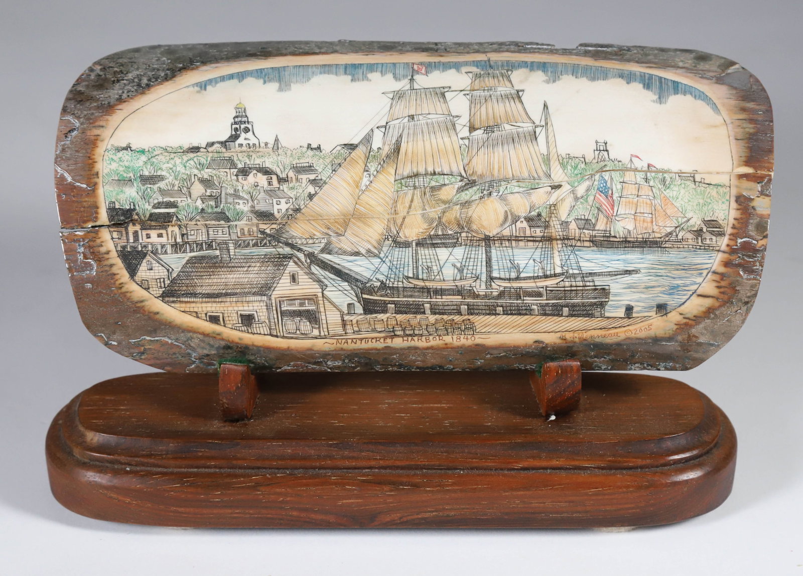 Michael Vienneau Fossilized Scrimshaw Plaque Depicting Nantucket Harbor Scene: Michael Vienneau Fossilized Scrimshaw Bone Plaque Engraved with Nantucket Harbor Scene, Signed Vienneau