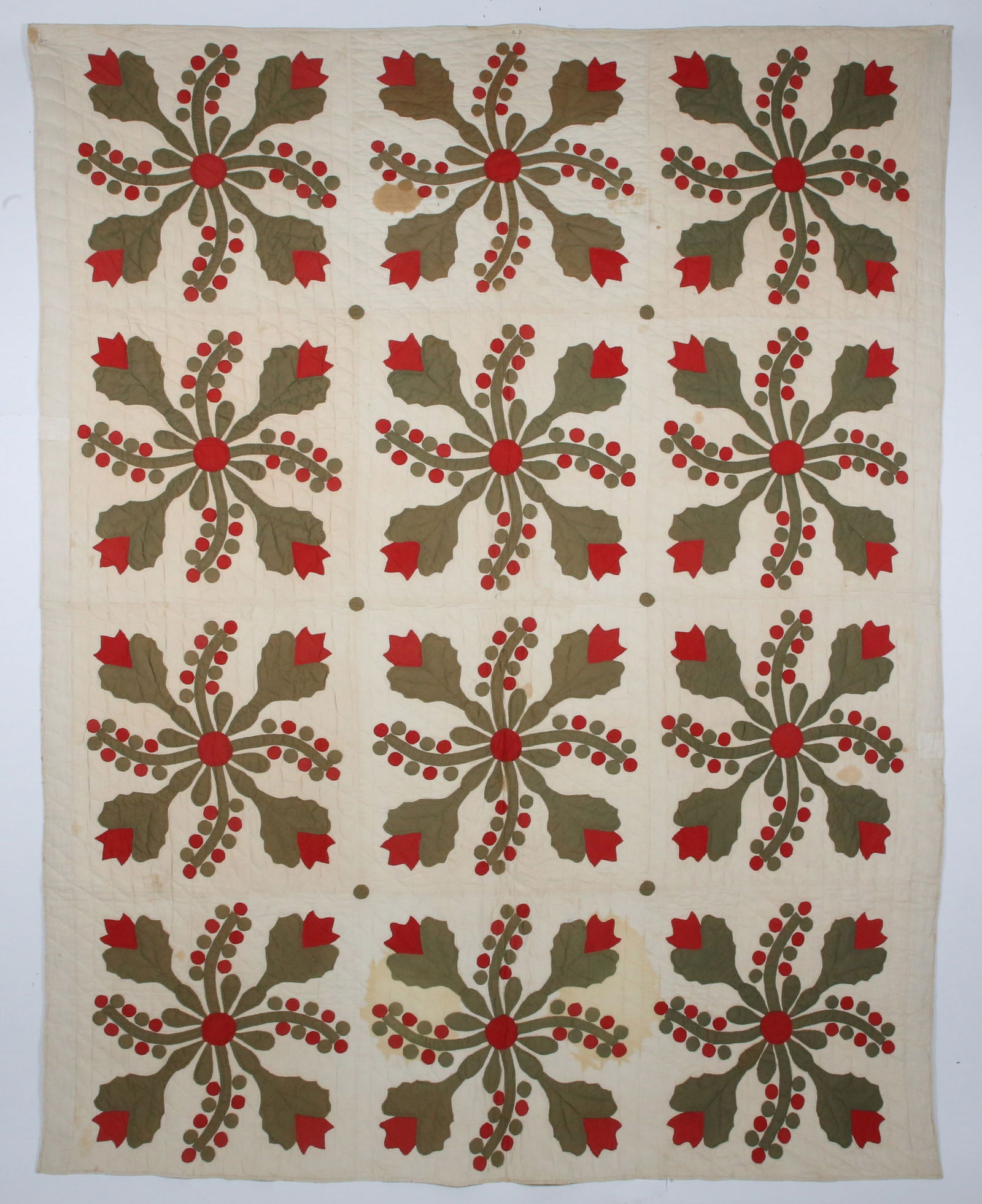 Antique Pennsylvania Civil War Period Trapunto Tulip Wheel Pattern Applique Quilt, Mid-19th Century (1 of 9)