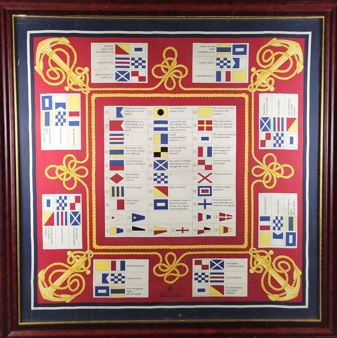 Vintage Framed Brooks Brothers Silk Nautical Signal Flag Scarf: Vintage Framed Brooks Brothers Silk Nautical Signal Flag Scarf, circa 1980s, with nautical flags and twisted rope design. Overall 36 in. x 36 in.