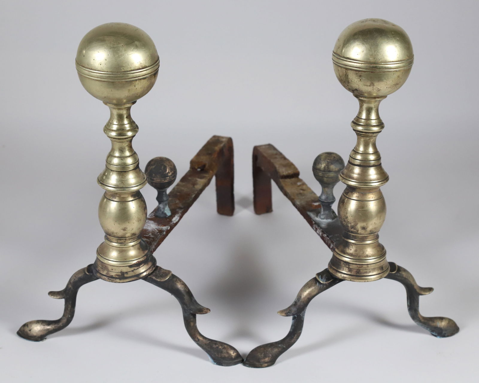 Pair of Antique Brass Ball Top Andirons, 19th Century (1 of 6)