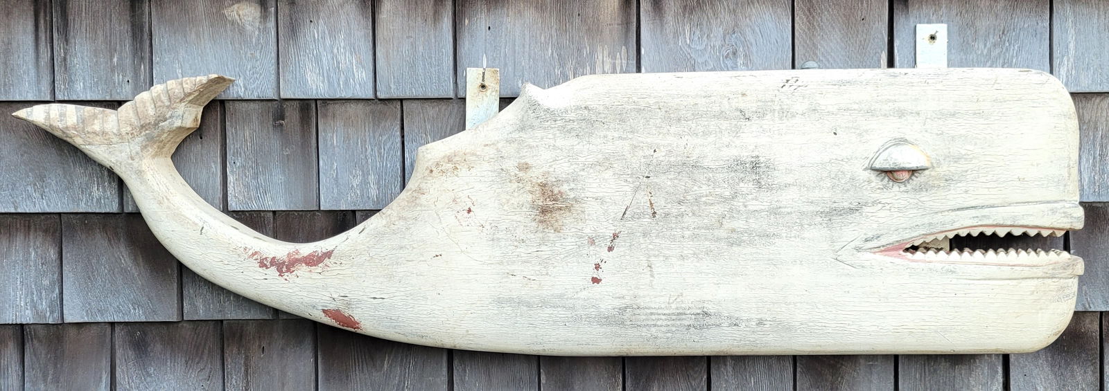Vintage Folk Art Carved and Painted Moby Dick Sperm Whale Plaque: Vintage Folk Art Carved and Painted Moby Dick Sperm Whale Plaque, with whimsically carved face and eye. Height 12 in. Length 44 in.