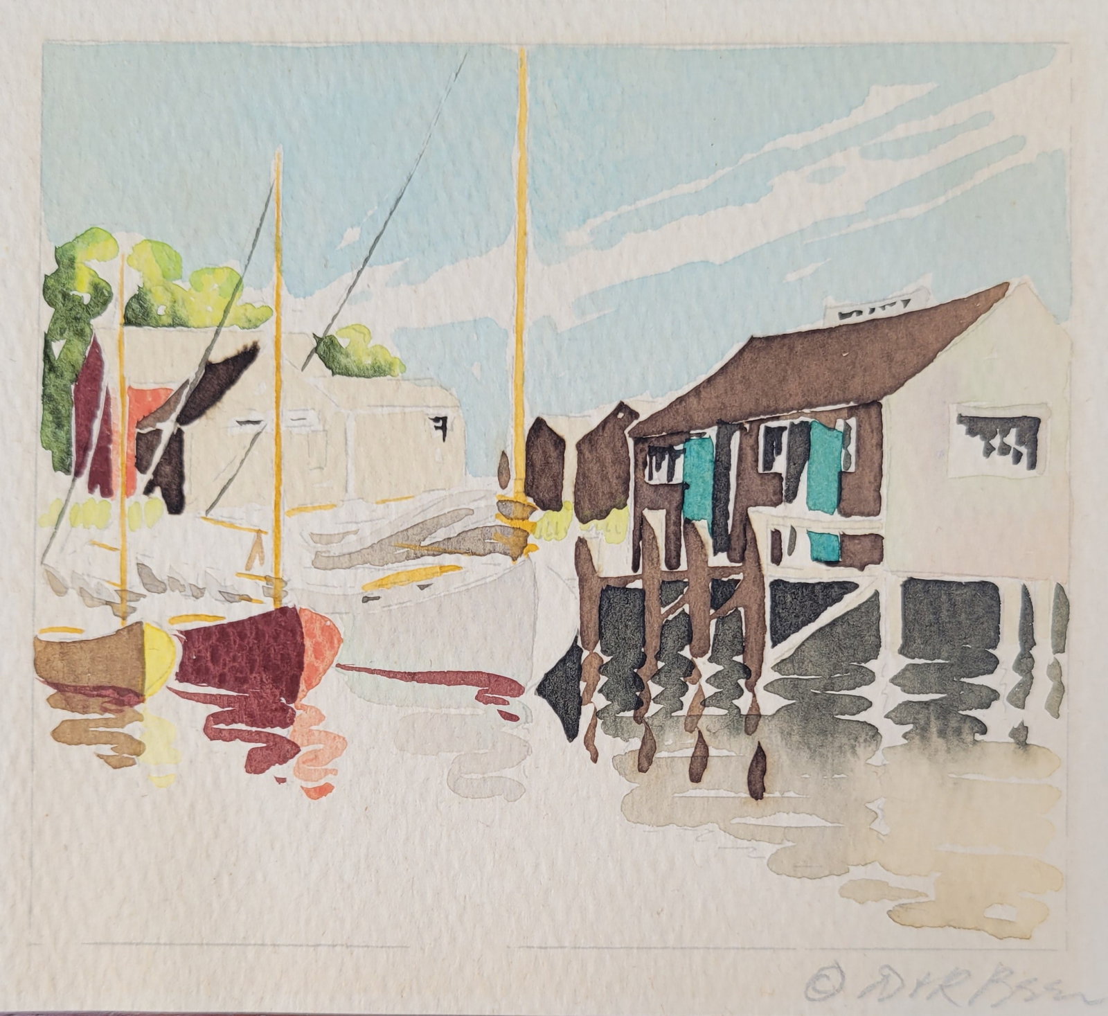 Doris and Richard Beer Miniature Nantucket Watercolor “Straight Wharf: Doris and Richard Beer Miniature Nantucket Watercolor “Straight Wharf”, signed in pencil lower right “D&R Beer”. 4 in. x 4.25 in. Overall 10.5 x 9 in.