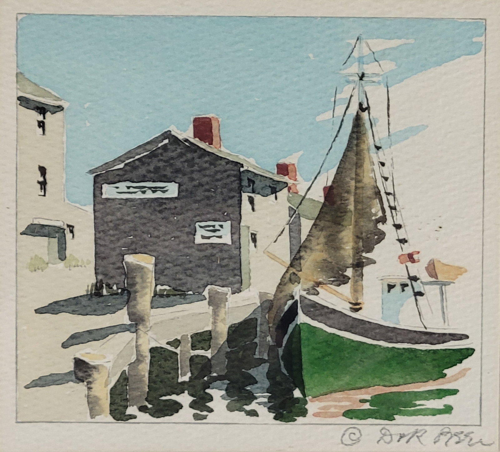 Doris and Richard Beer Miniature Nantucket Watercolor “Old South Wharf: Doris and Richard Beer Miniature Nantucket Watercolor “Old South Wharf”, signed in pencil lower right “D&R Beer” and inscribed lower left “Old South Wharf”. 4 in. x 4.5 in.