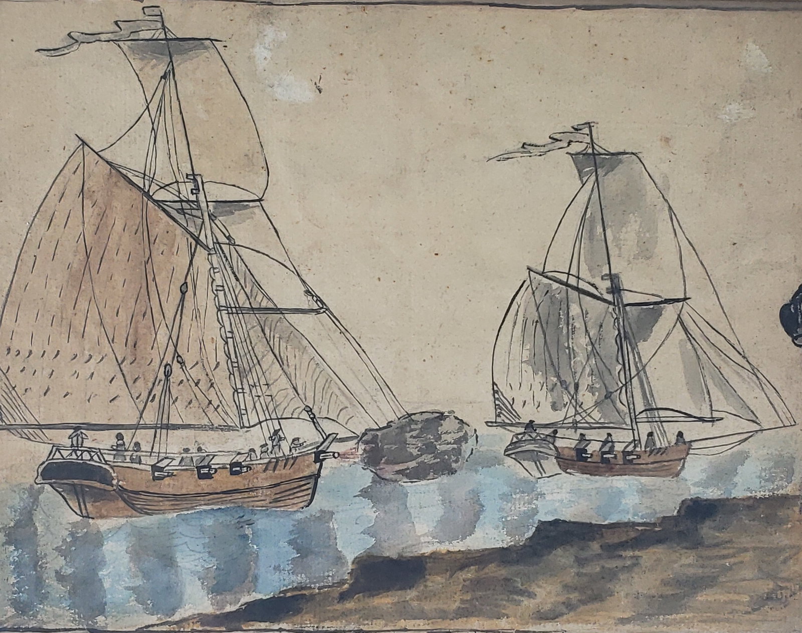 Antique American Folk Art Naval Engagement Watercolor on Paper, 19th century (1 of 3)