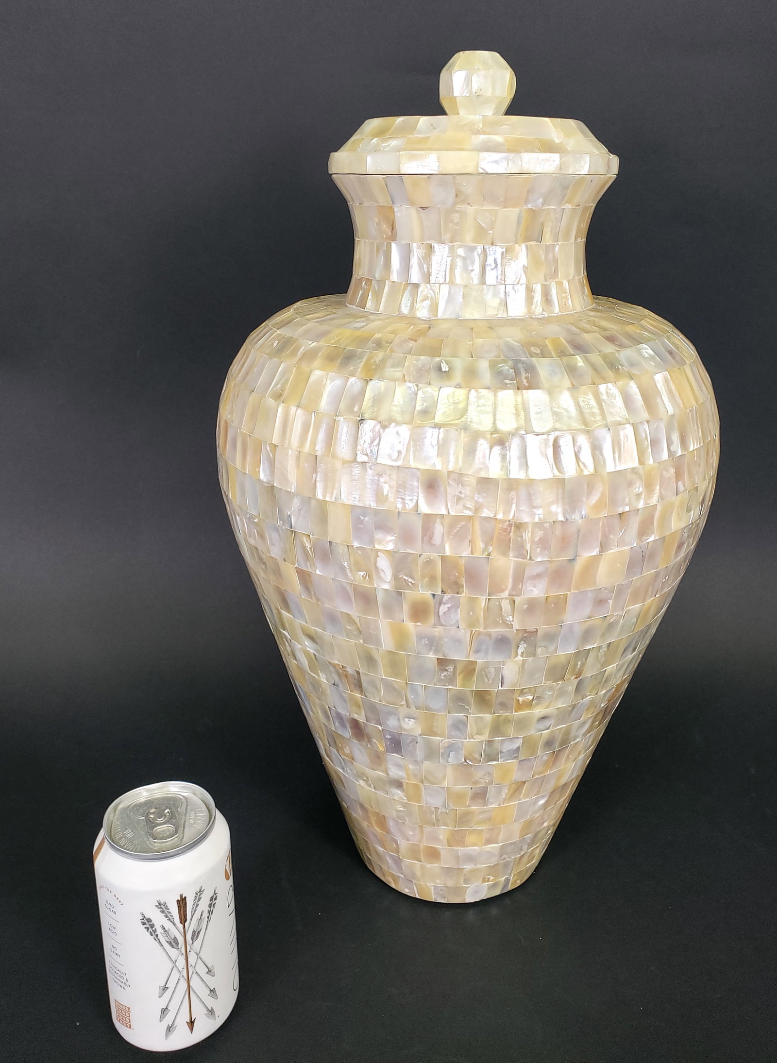 Mother of Pearl Decorated Temple Jar Vase: Mother of Pearl Decorated Temple Jar Vase, with lid. Height 19 in. Width 10.5 in.