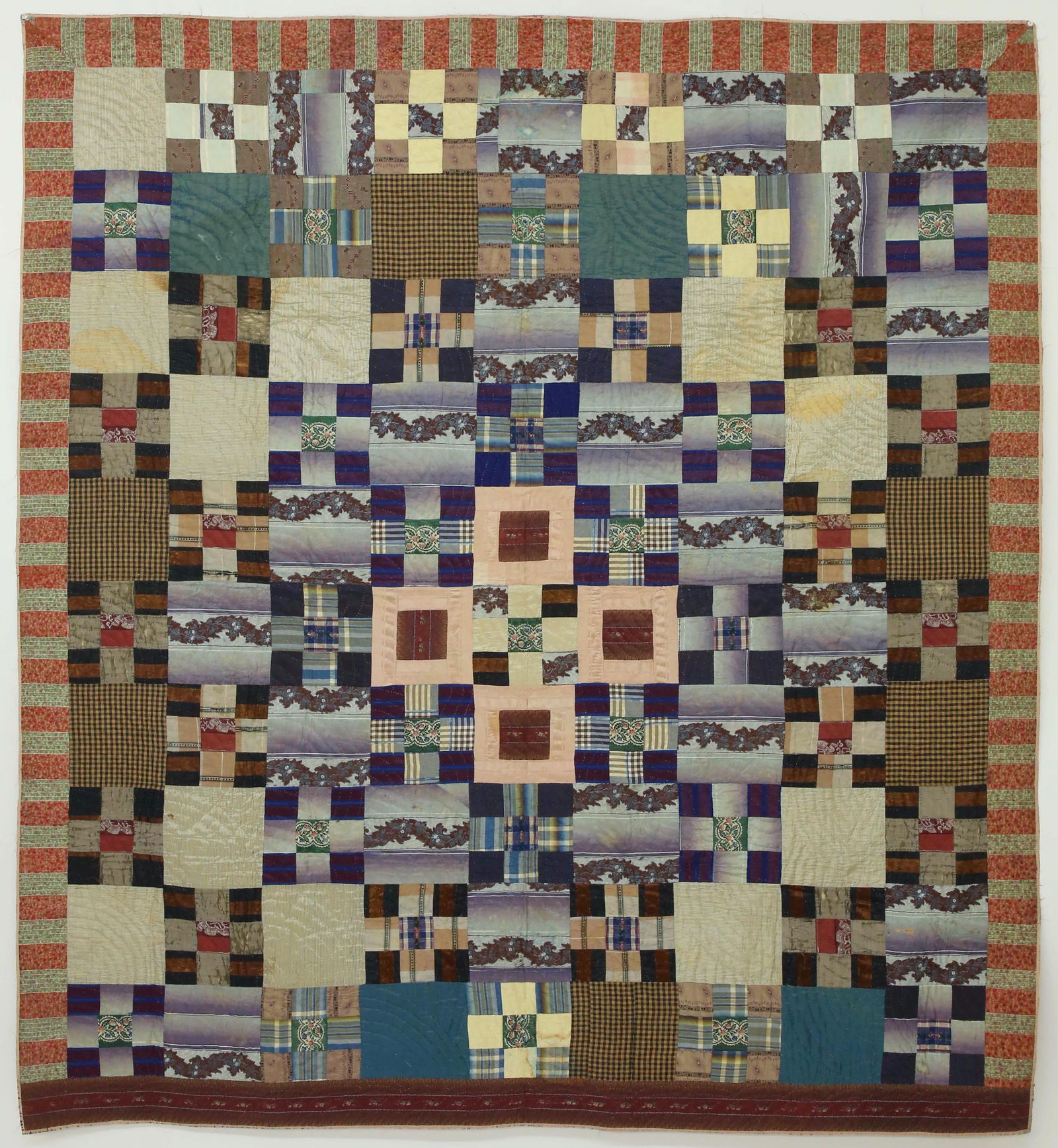 Chintz and Satin 9-Patch Quilt, 19th Century (1 of 6)