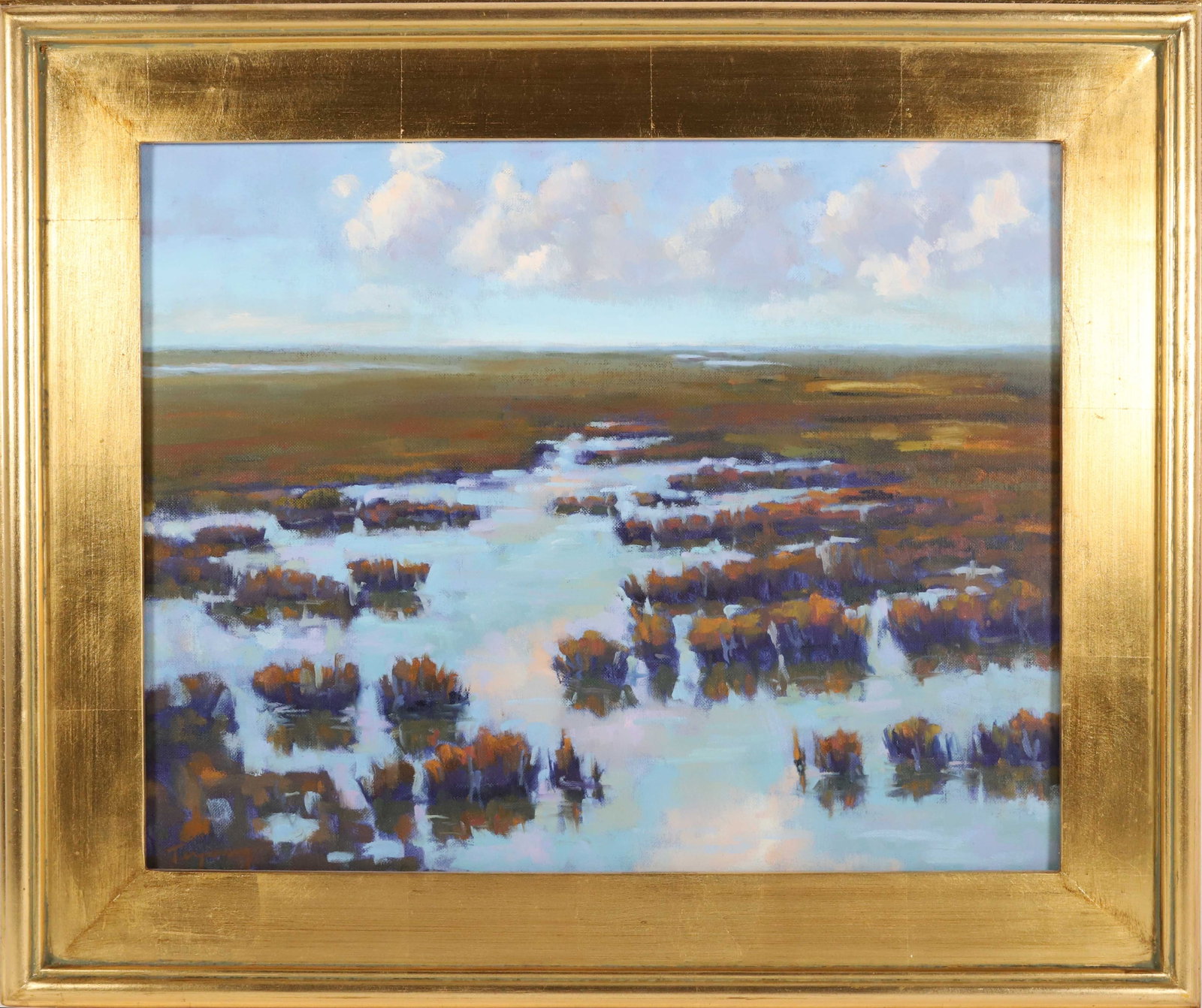 Ed Terpening Oil on Board "Winter Marsh #5": Ed Terpening Oil on Board "Winter Marsh #5", depicting Palo Alto Baylands Preserve, signed lower left Ed Terpening, in molded gilt frame 16 in. x 20 in. Overall 21.5 in. x 25 in.