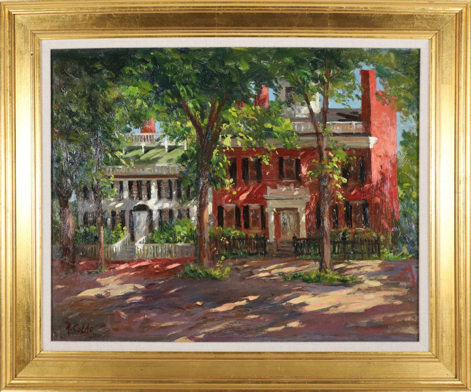 Rudolph Colao Nantucket Oil on Masonite "Historic Home - West Brick on Main Street": Rudolph Colao (1927-2014) Nantucket Oil on Masonite "Historic Home - West Brick on Main Street", signed lower left R. Colao in molded gilt frame with linen liner 16 in. x 20 in. Framed 21 in. x 25 in.