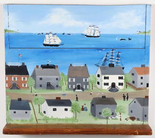 Karri McCue American Folk Art Painting on Board "Colonial Village Harbor Scene with Whales and