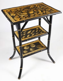 Faux Bamboo Three Tier Side Table with Shell Collage Decoration
