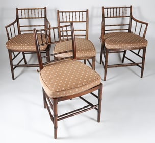 Set of Four Bamboo Turned Spindle and Cane Seat Chairs, 19th Century