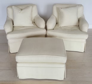 Pair of Contemporary Off-White Herringbone Upholstered Club Chairs and Ottoman