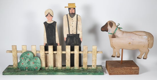 Two Contemporary Folk Art Wood Carvings "Farmer, Wife and Lamb"