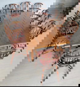 Four Board English Oak Dining Table with H-Stretchers