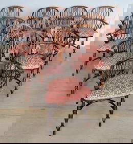 Set of Ten Vintage English Elm and Oak Windsor Bow-Back Armchairs with Cushions