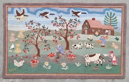 Farm Scene Hooked Rug