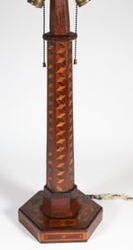 Vintage Arts and Crafts Multi-Wood "Tumbling Block" Inlaid Column Lamp