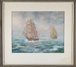 Lillian Gertrude (Smith) Rockwood Watercolor on Paper "Two Masted Ships in Rough Seas"