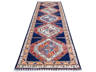 Hand Knotted Vegetable Dyes Wool Geometric Wide Oriental Rug Runner