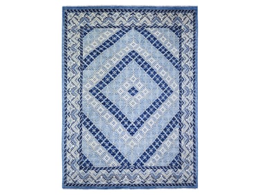 Hand Knotted Multiple Shades of Blue Natural Dyes Wool Geometric Oriental Carpet