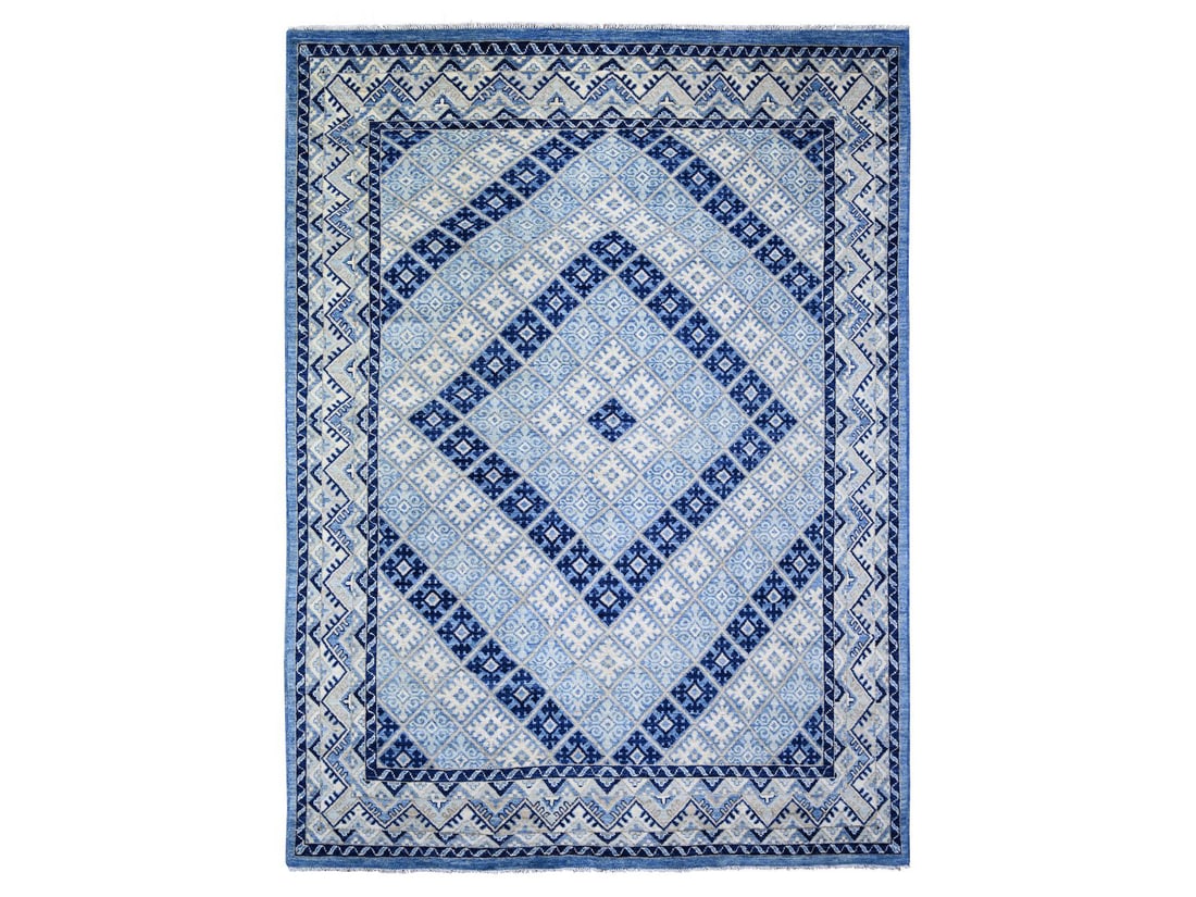Hand Knotted Multiple Shades of Blue Natural Dyes Wool Geometric Oriental Carpet (1 of 5)