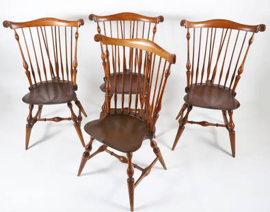 Set of Four Wallace Nutting Brace Fan-Back Windsor Side Chairs, Mid-20th Century: Set of Four Wallace Nutting Brace Fan-Back Windsor Side Chairs, Mid-20th Century, comprised of various woods in the 18th century style, branded on the underside: Wallace Nutting. Note: Wallace Nutting