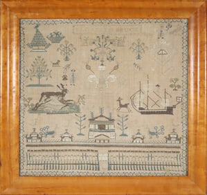 Fine Needlework by Elisabeth H. Bruce Featuring a Clipper Ship and Hare, early 19th Century