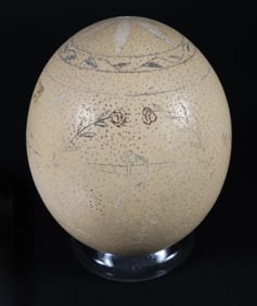 Scrimshaw Ostrich Egg Depicting Two Sailors Bearing Flags and British Sailboat