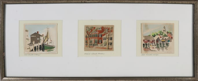 Doris and Richard Beer Triptych Watercolors Depicting "Old South Wharf", "Main Street Houses" and