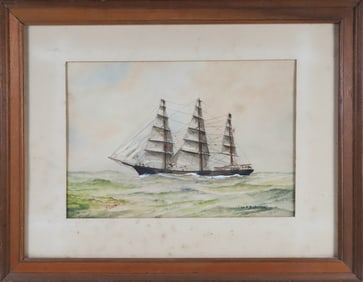 W.F. Babcock Watercolor on Paper "Portrait of a 3-Masted Schooner"