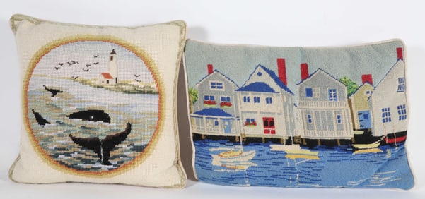 Two Erica Wilson Nantucket Scene Needlepoint Pillows