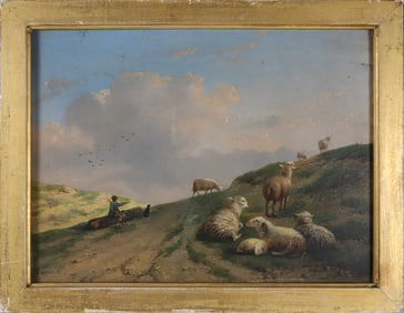 Auguste Coomans Oil on Mahogany Panel "Sheep Herder in Pastoral Landscape"