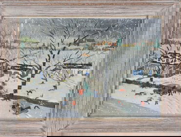 Folk Art Oil on Board "Bringing Home the Christmas Tree Street Scene"