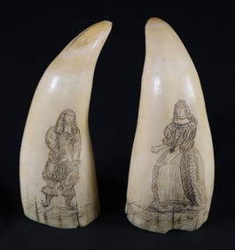 Pair of Antique Scrimshawed Sperm Whale Teeth, circa 1870s