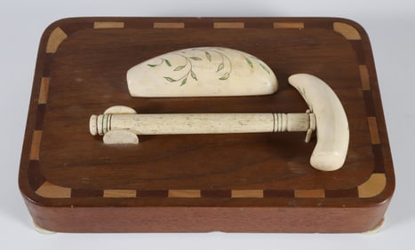 Antique Scrimshaw Half Tooth and Hammer Display, 19th Century