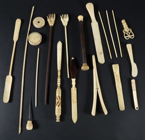 Group of Twenty Pieces of Sailor Made Carved Bone Implements, 19th Century