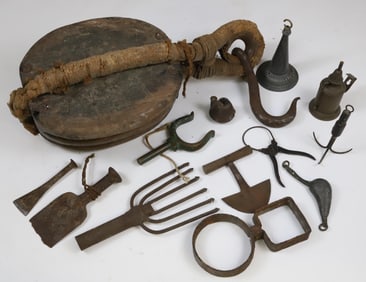 Large Double Sheave Ship's Block Accompanied by Twelve Ship Related Items