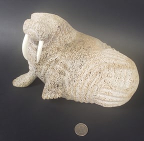 Antique Inuit Fossilized Whalebone Carved Walrus Sculpture, 19th Century