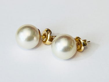 Fine Pair of 11mm White South Sea Pearl Earrings, 14k Gold Posts and Backs