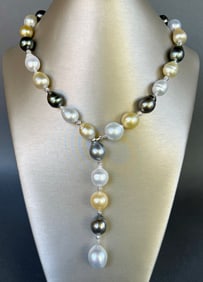 Fine 15mm-11mm White and Gold South Sea and Tahitian Pearl Lariat Necklace