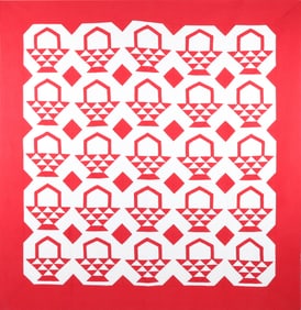 Vintage Red and White "Flower Baskets" Patchwork Quilt, circa 1930s