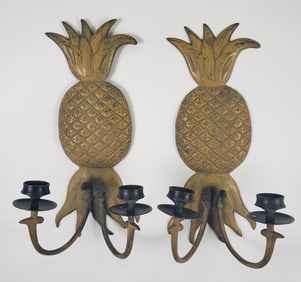 Pair of Vintage Art Metal Painted Pineapple Two Light Wall Sconces